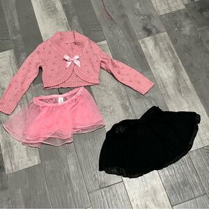 3 Pc Set Black Pink Chiffon Skirt & Pink Knit Sweater Knit Shrug Ballet Dance S